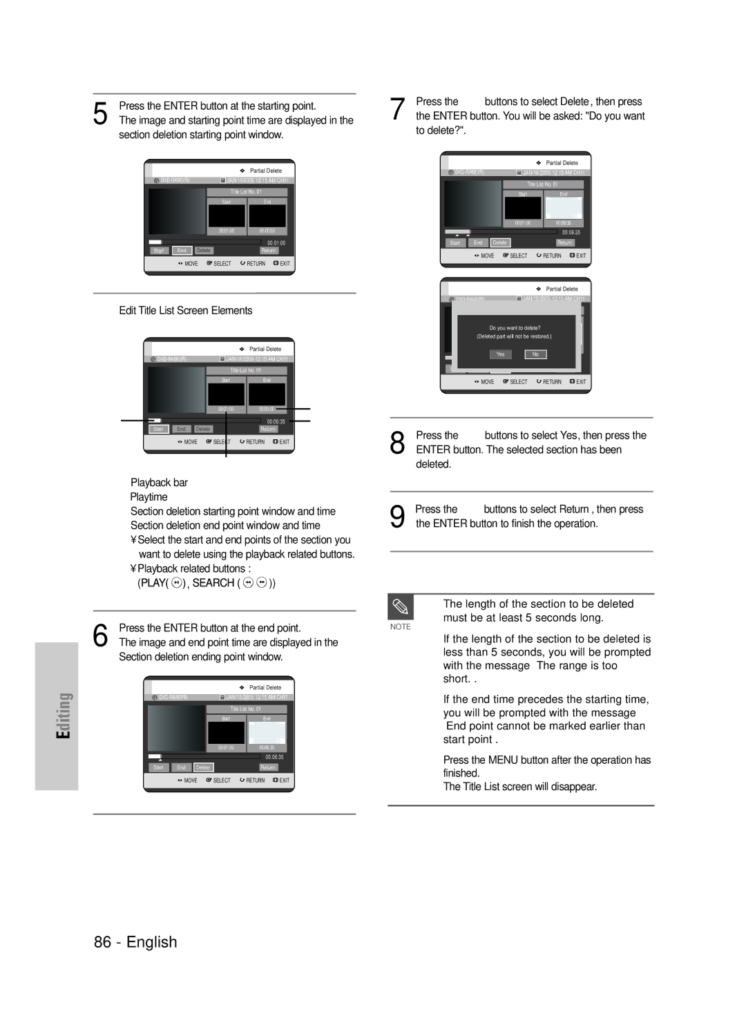 Samsung DVD-TR520 Press the Enter button at the starting point, Image and starting point time are displayed 