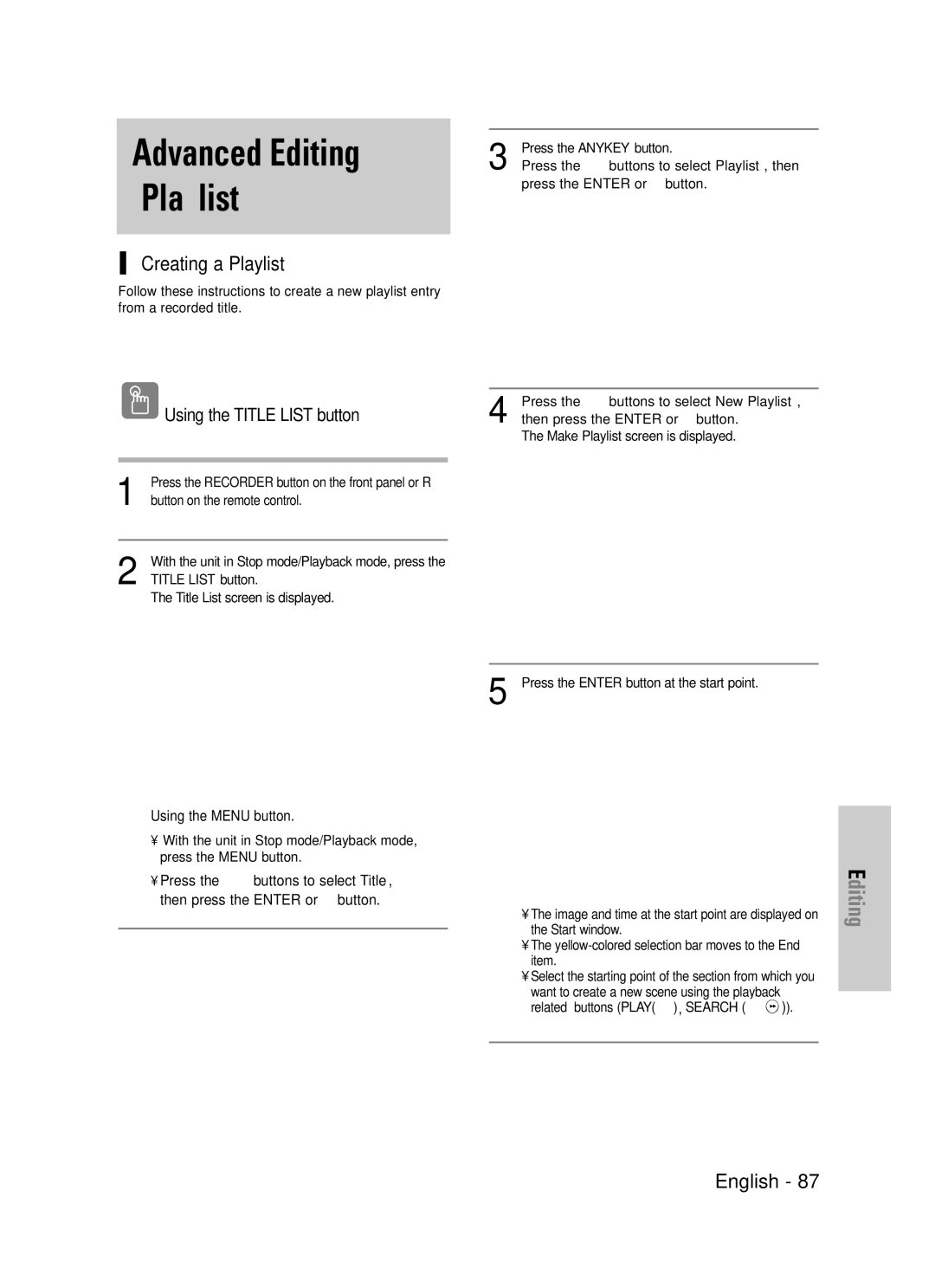 Samsung DVD-TR520 instruction manual Creating a Playlist, Image and time at the start point are displayed on 