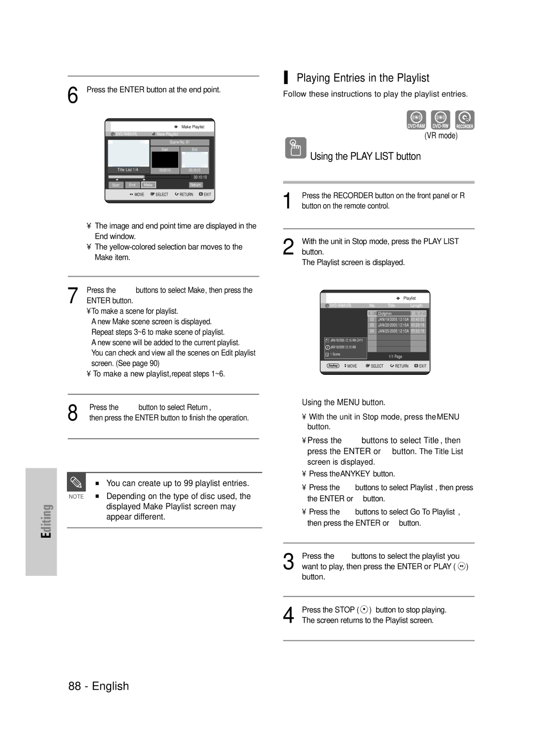 Samsung DVD-TR520 instruction manual Playing Entries in the Playlist, Using the Play List button 