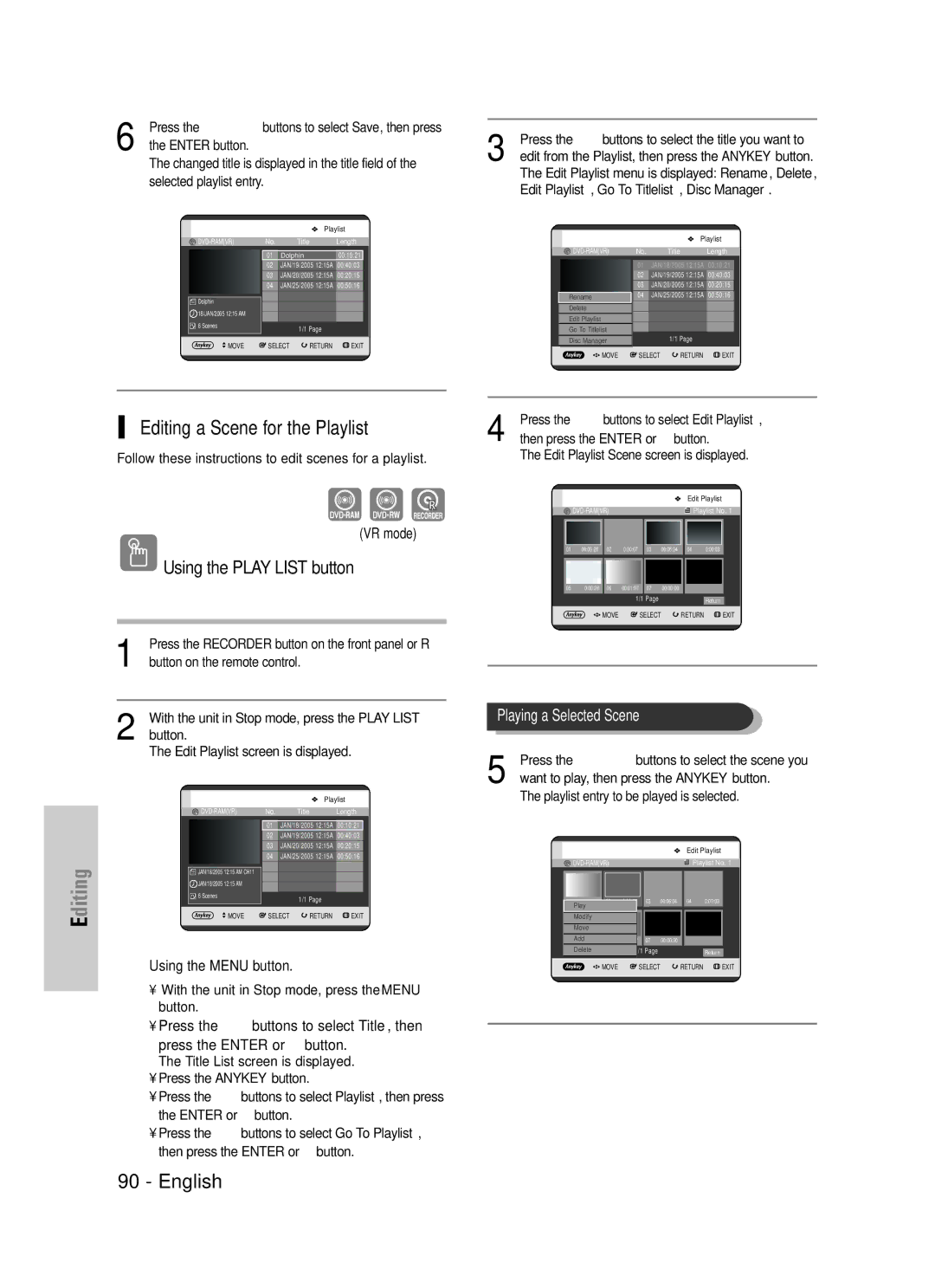 Samsung DVD-TR520 instruction manual Editing a Scene for the Playlist, Edit Playlist, Go To Titlelist, Disc Manager 