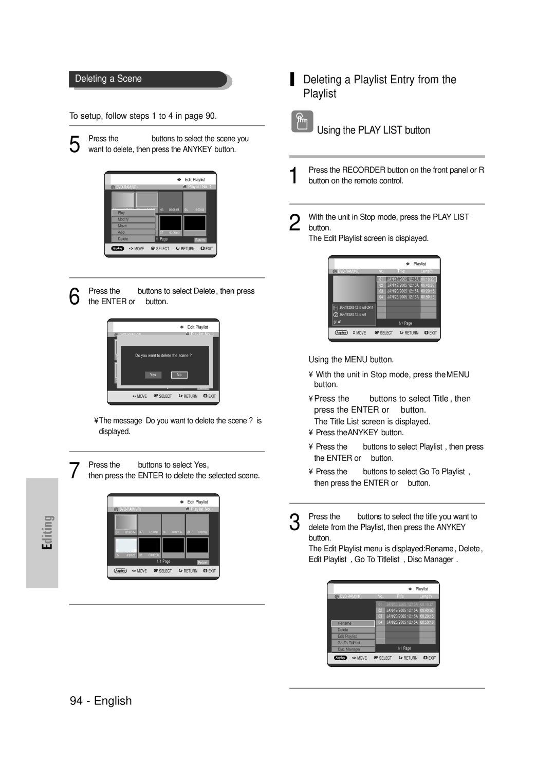 Samsung DVD-TR520 Deleting a Playlist Entry from the Playlist, Press the …† œ √ buttons to select the scene you 