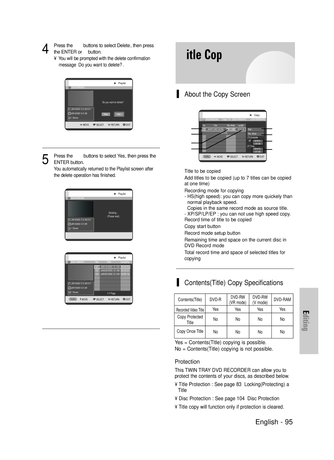 Samsung DVD-TR520 instruction manual About the Copy Screen, ContentsTitle Copy Specifications 