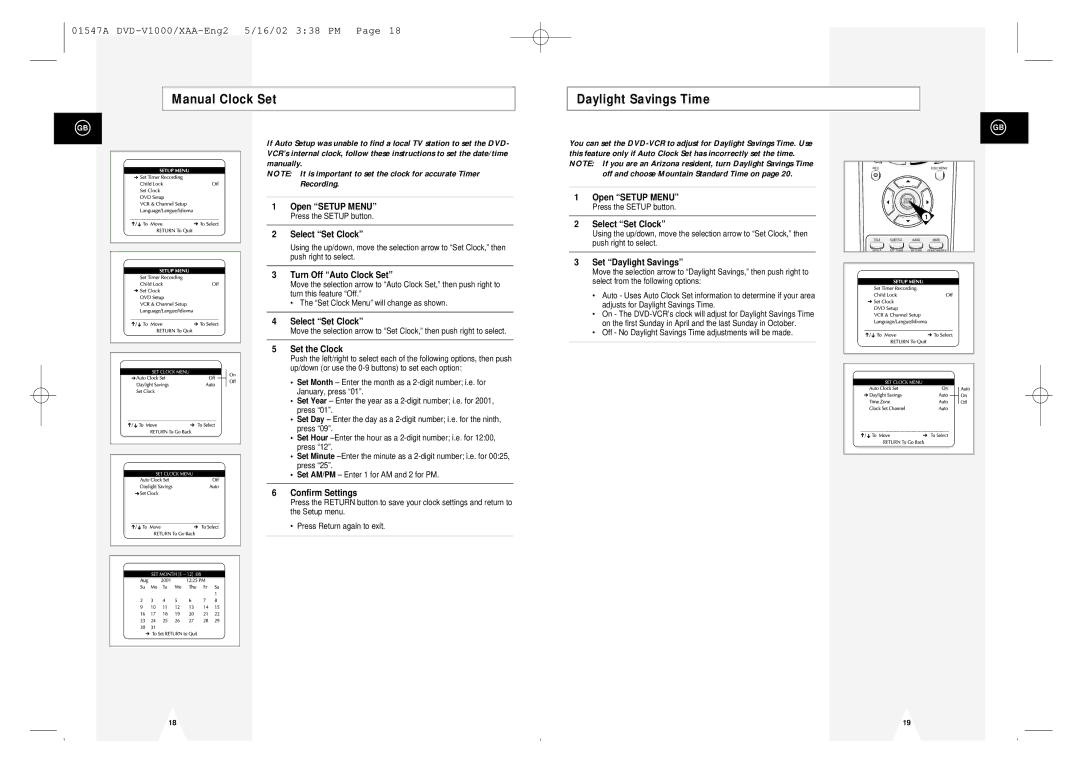 Samsung DVD-V1000 instruction manual Manual Clock Set Daylight Savings Time, Off and choose Mountain Standard Time on 