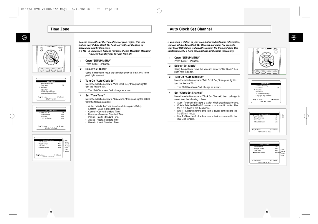 Samsung DVD-V1000 Time Zone Auto Clock Set Channel, Turn On Auto Clock Set, Set Time Zone, Set Clock Set Channel 