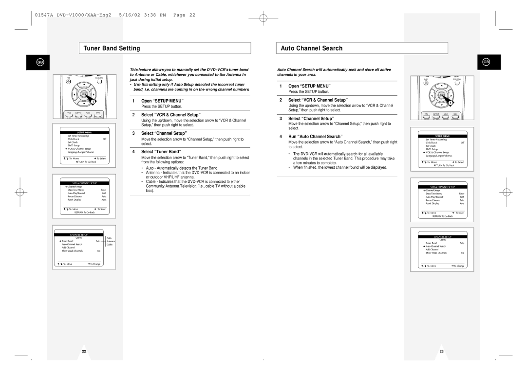 Samsung DVD-V1000 Tuner Band Setting Auto Channel Search, Select VCR & Channel Setup, Select Channel Setup 