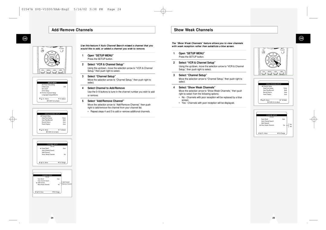 Samsung DVD-V1000 Add/Remove Channels Show Weak Channels, Select Channel to Add/Remove, Select Add/Remove Channel 