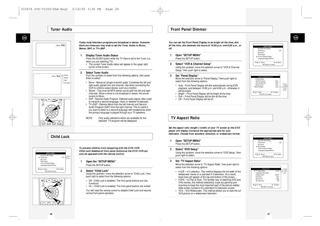 Samsung DVD-V1000 instruction manual Tuner Audio Front Panel Dimmer, TV Aspect Ratio, Child Lock 