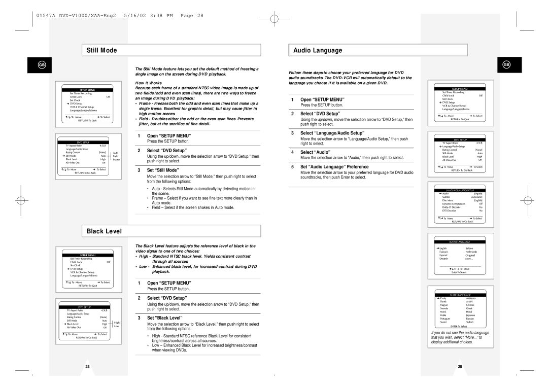 Samsung DVD-V1000 instruction manual Still Mode, Black Level, Audio Language 