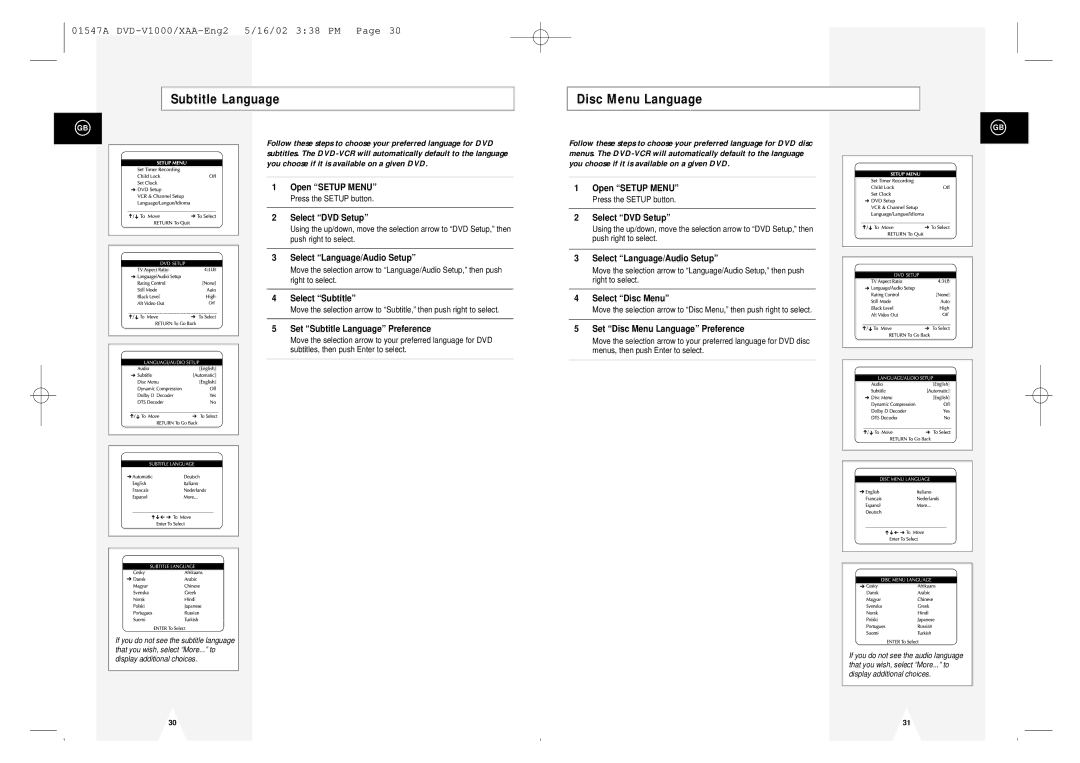 Samsung DVD-V1000 instruction manual Subtitle Language, Disc Menu Language 