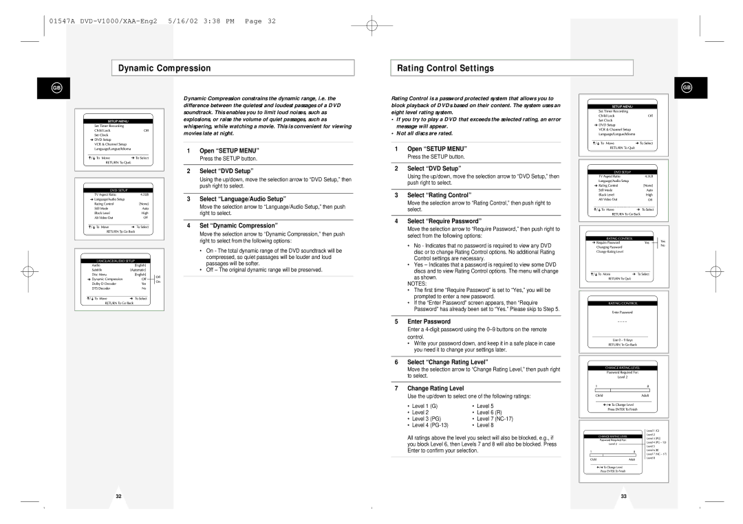 Samsung DVD-V1000 instruction manual Dynamic Compression, Rating Control Settings 