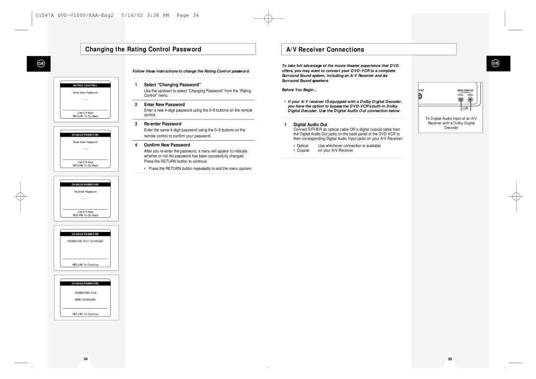 Samsung DVD-V1000 instruction manual Changing the Rating Control Password Receiver Connections, Before You Begin 