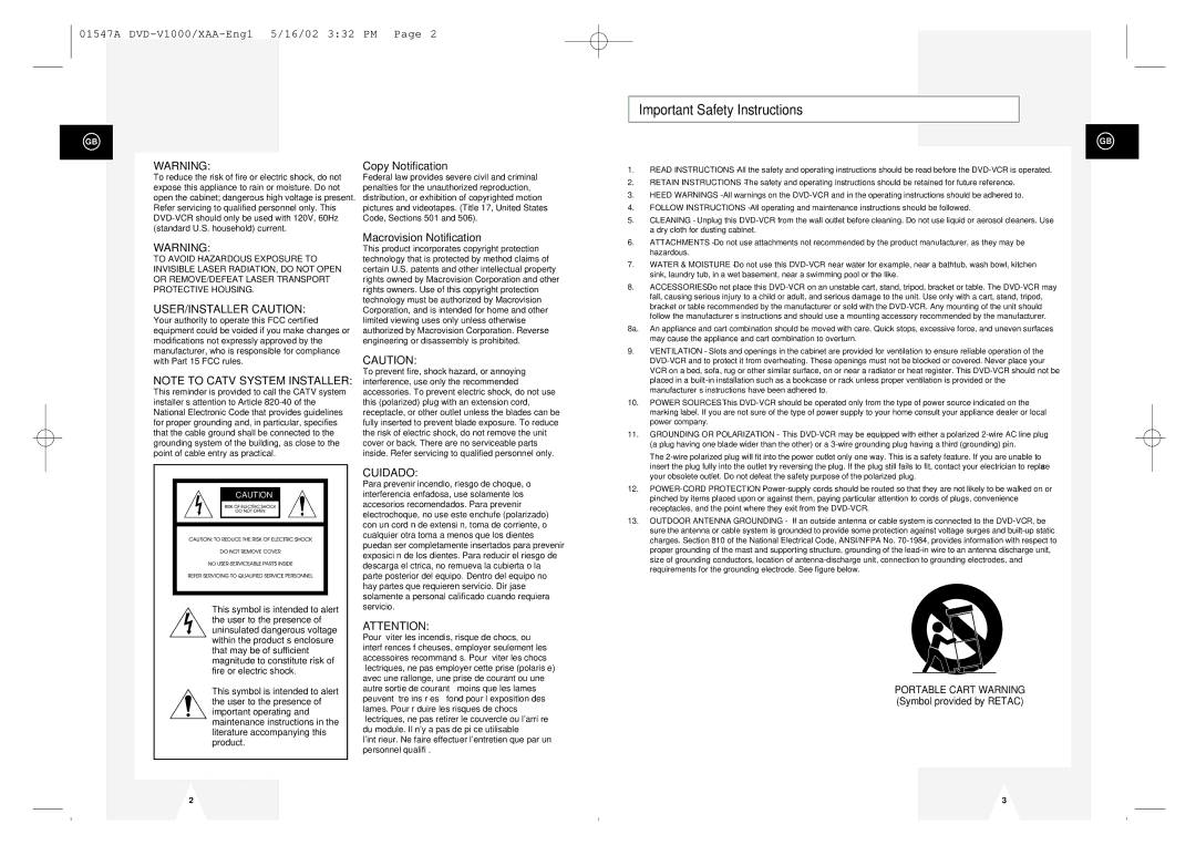 Samsung DVD-V1000 instruction manual Important Safety Instructions, USER/INSTALLER Caution 