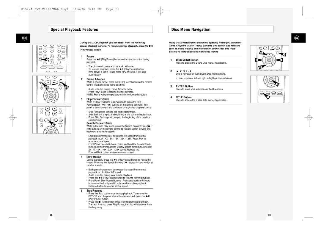 Samsung DVD-V1000 instruction manual Special Playback Features Disc Menu Navigation 