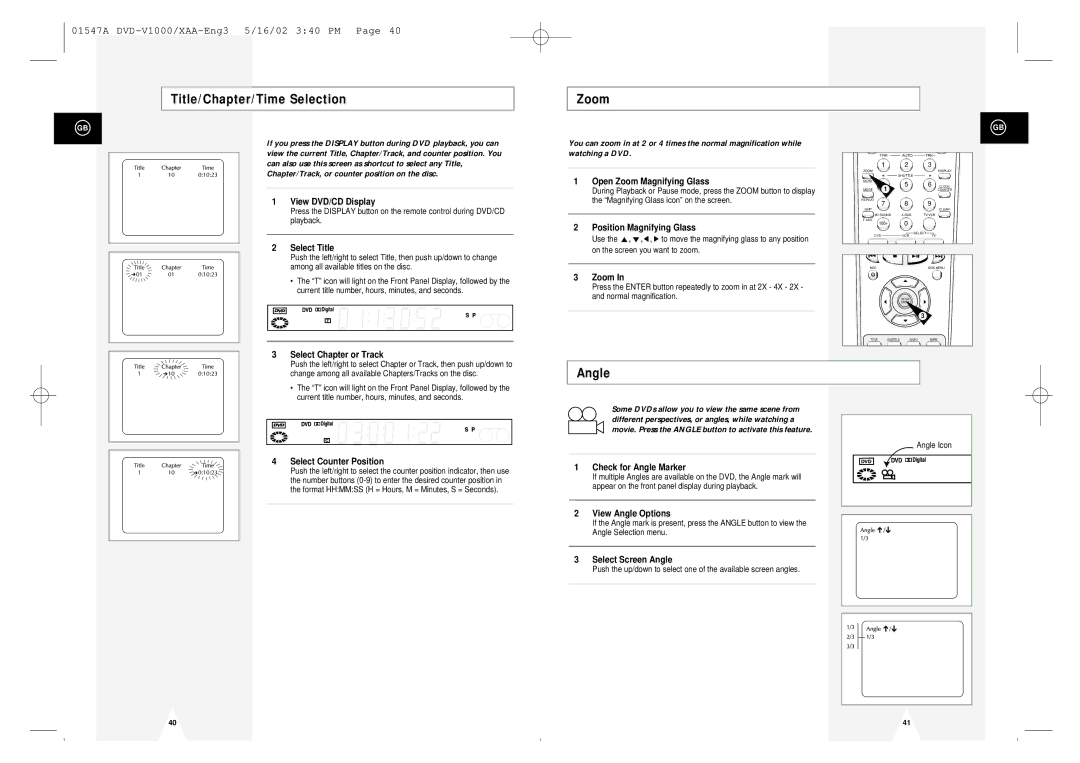 Samsung DVD-V1000 instruction manual Title/Chapter/Time Selection Zoom, Angle 
