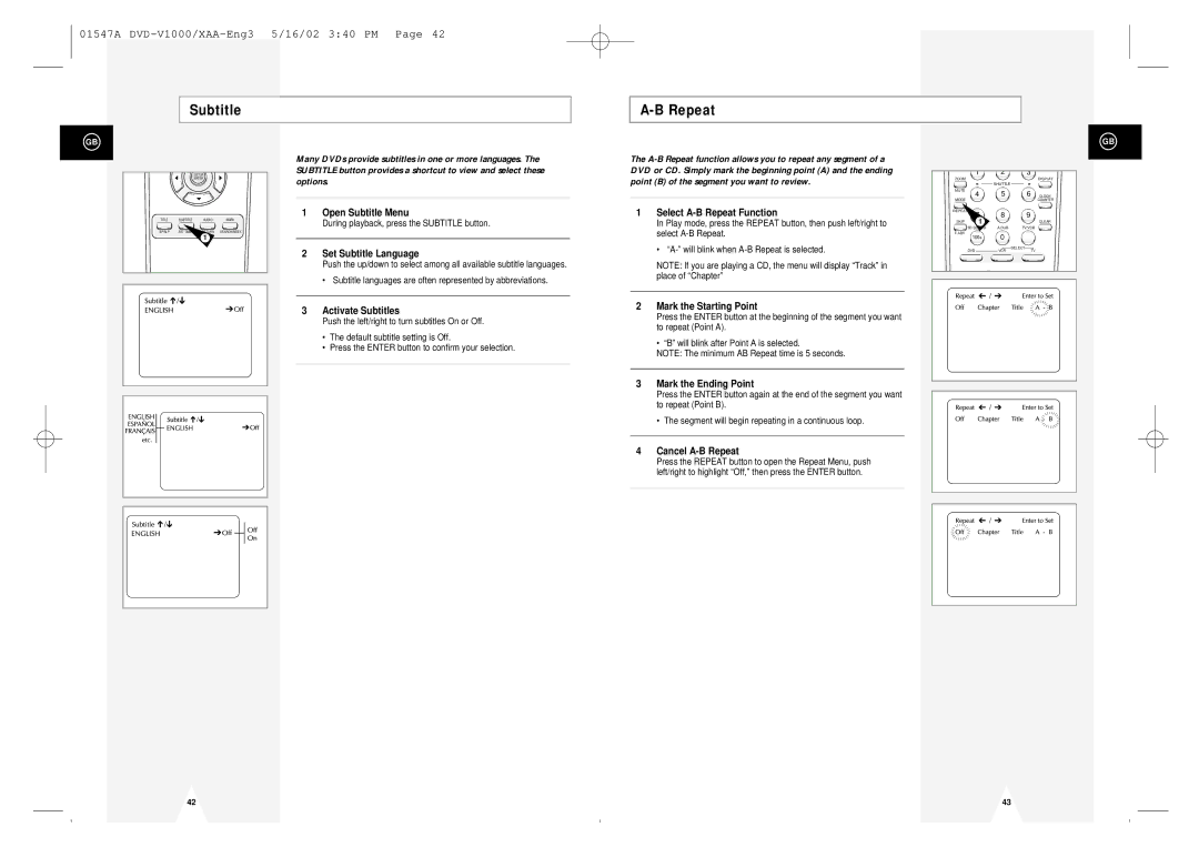 Samsung DVD-V1000 instruction manual Subtitle Repeat 
