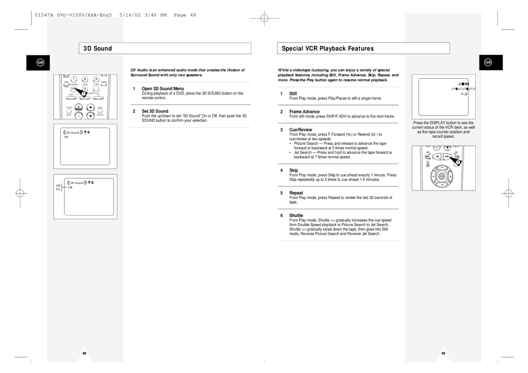 Samsung DVD-V1000 instruction manual 3D Sound Special VCR Playback Features 