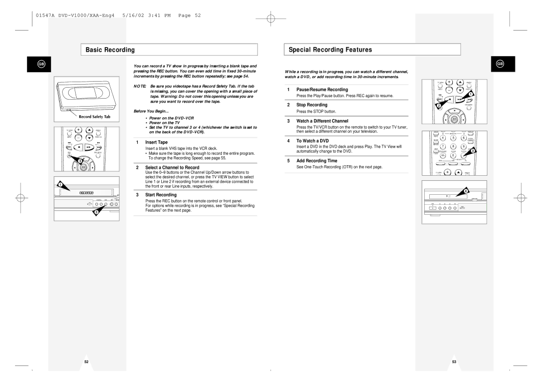 Samsung DVD-V1000 instruction manual Basic Recording Special Recording Features 