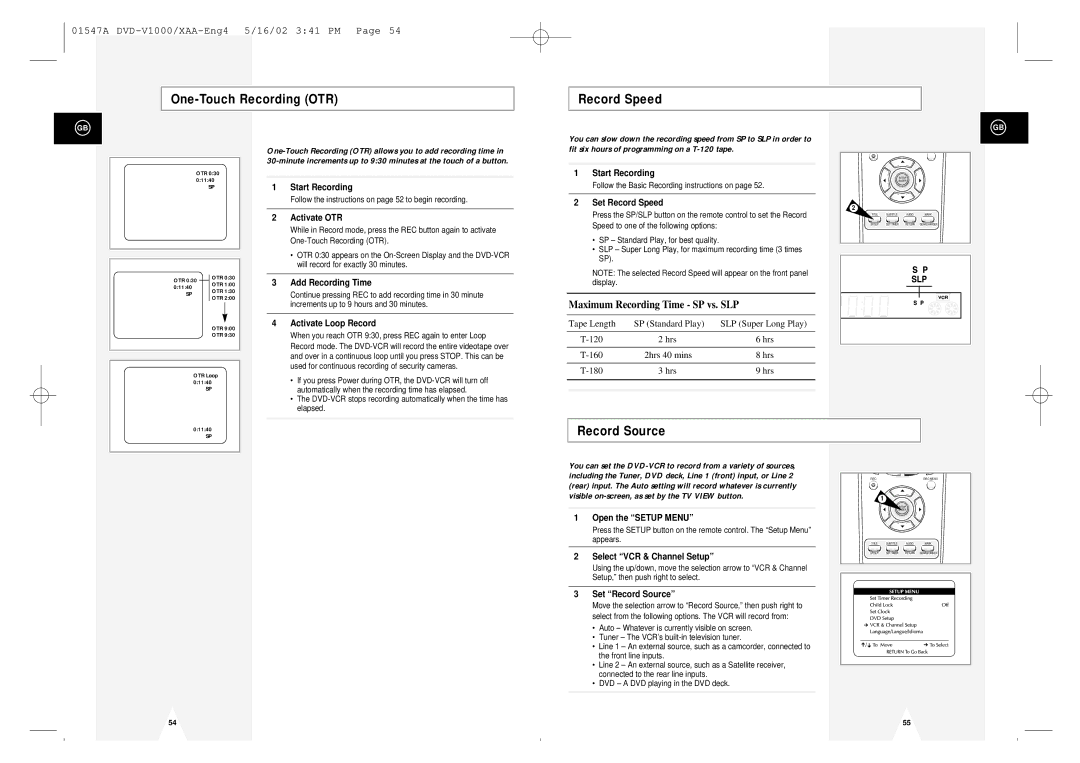 Samsung DVD-V1000 instruction manual One-Touch Recording OTR Record Speed, Record Source 