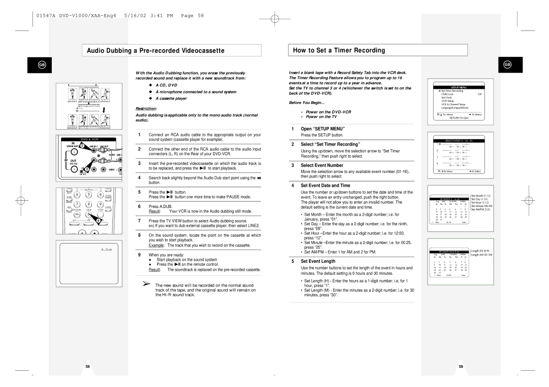 Samsung DVD-V1000 Select Set Timer Recording, Select Event Number, Set Event Date and Time, Set Event Length 