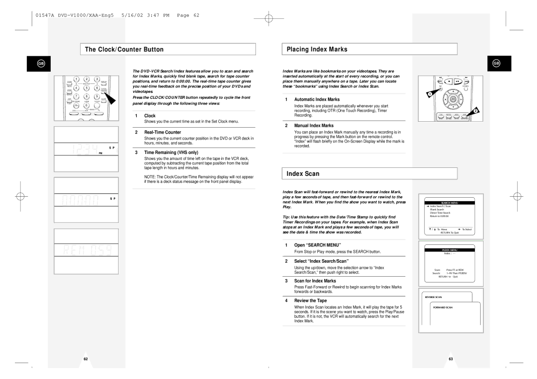 Samsung DVD-V1000 instruction manual Clock/Counter Button Placing Index Marks, Index Scan 