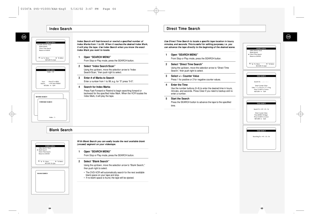 Samsung DVD-V1000 instruction manual Index Search, Blank Search, Direct Time Search 