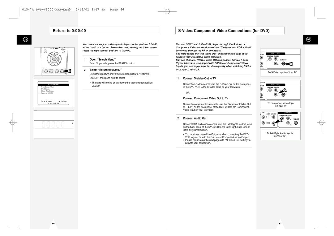Samsung DVD-V1000 Return to Video/Component Video Connections for DVD, Select Return to, Connect S-Video Out to TV 