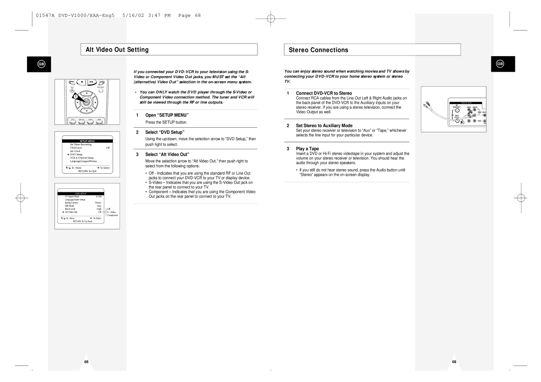 Samsung DVD-V1000 Alt Video Out Setting Stereo Connections, Select Alt Video Out, Connect DVD-VCR to Stereo, Play a Tape 
