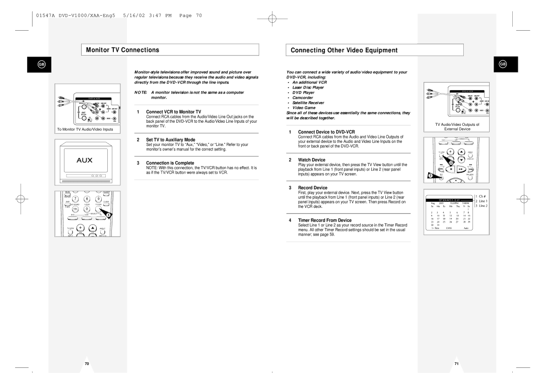 Samsung DVD-V1000 instruction manual Monitor TV Connections Connecting Other Video Equipment 