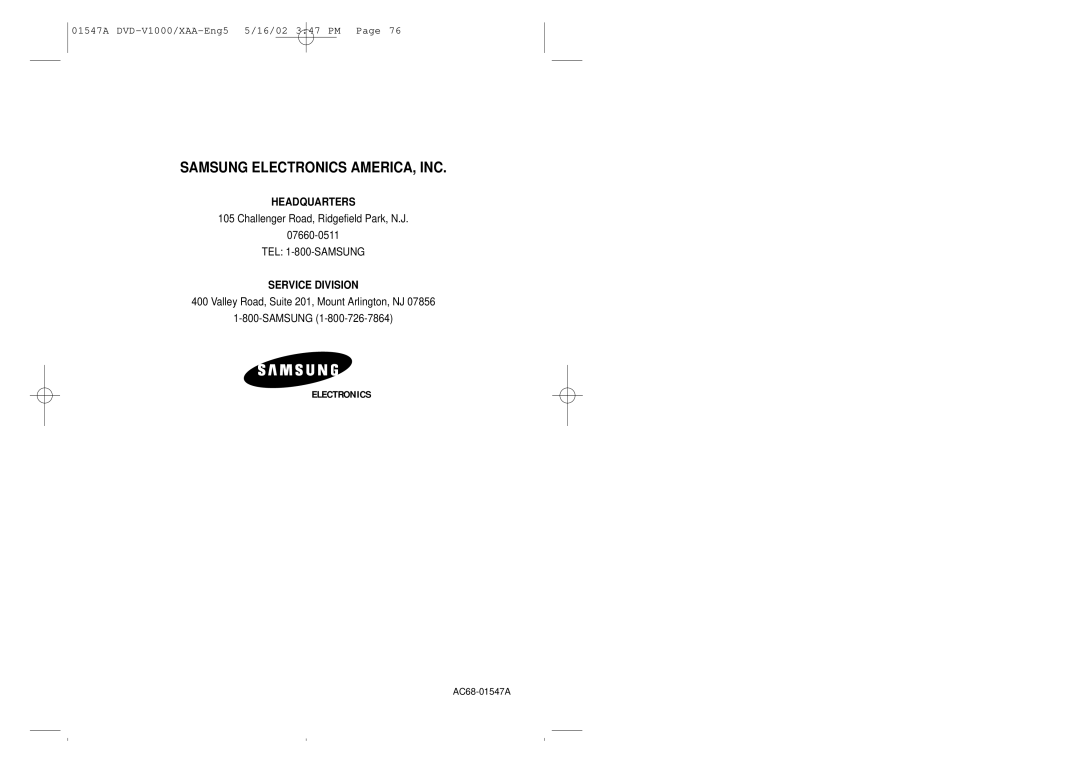 Samsung DVD-V1000 instruction manual Samsung Electronics AMERICA, INC 