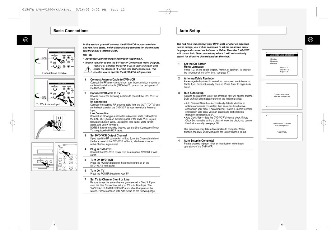 Samsung DVD-V1000 instruction manual Basic Connections Auto Setup, Advanced Connections are covered in Appendix a 