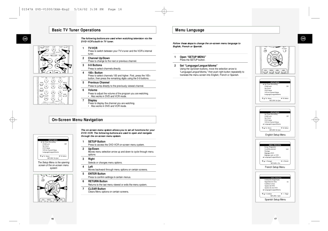 Samsung DVD-V1000 instruction manual Basic TV Tuner Operations Menu Language, On-Screen Menu Navigation 