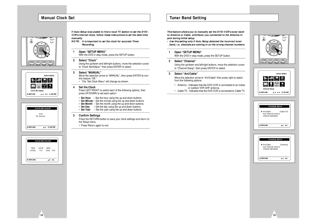 Samsung DVD-V2000 instruction manual Manual Clock Set Tuner Band Setting 