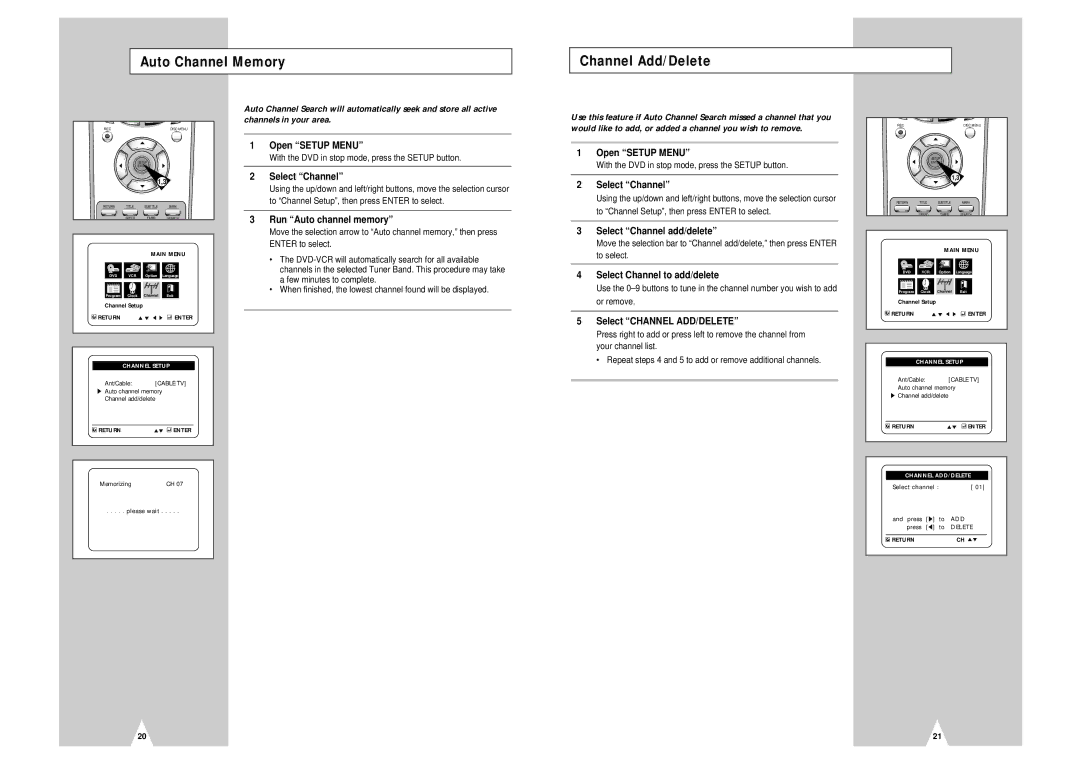 Samsung DVD-V2000 Auto Channel Memory Channel Add/Delete, Run Auto channel memory, Select Channel add/delete 