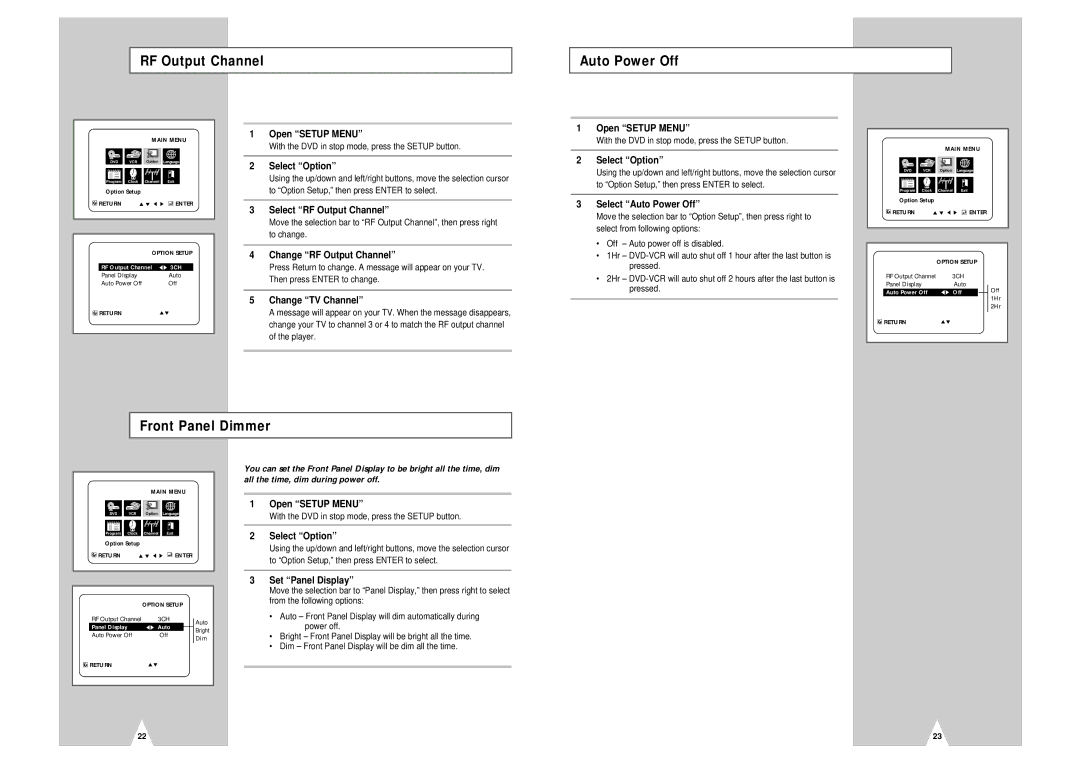 Samsung DVD-V2000 instruction manual RF Output Channel Auto Power Off, Front Panel Dimmer 