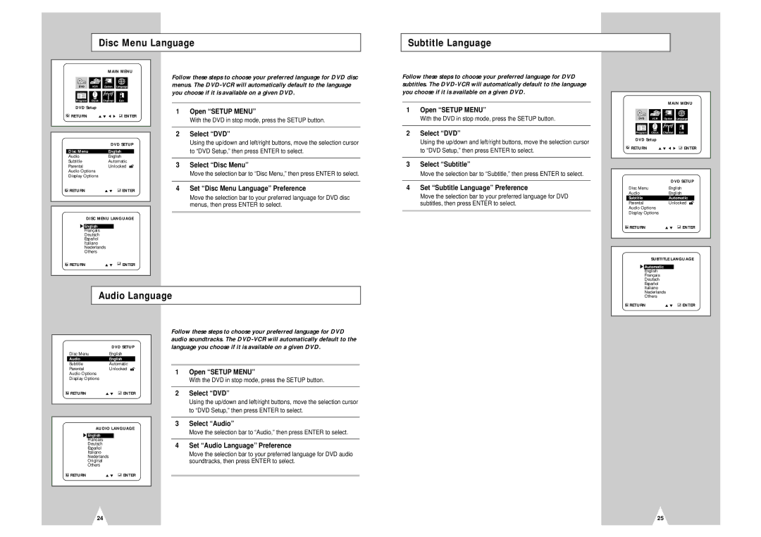 Samsung DVD-V2000 instruction manual Disc Menu Language Subtitle Language, Audio Language 