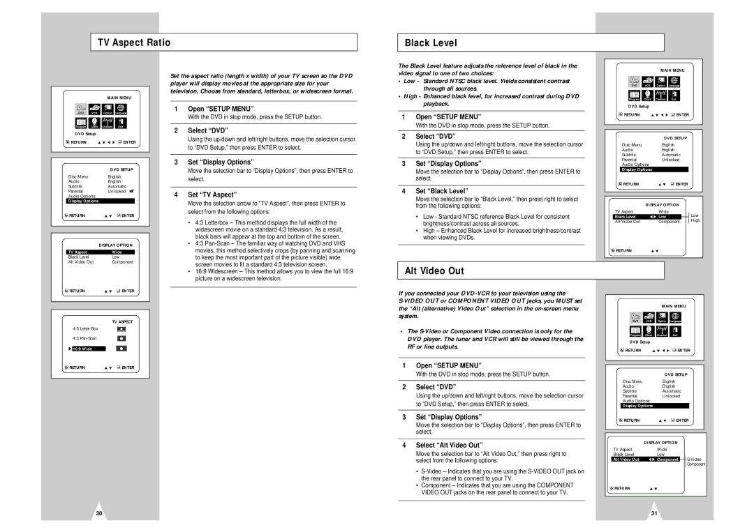 Samsung DVD-V2000 instruction manual TV Aspect Ratio Black Level, Alt Video Out, RF or line outputs 