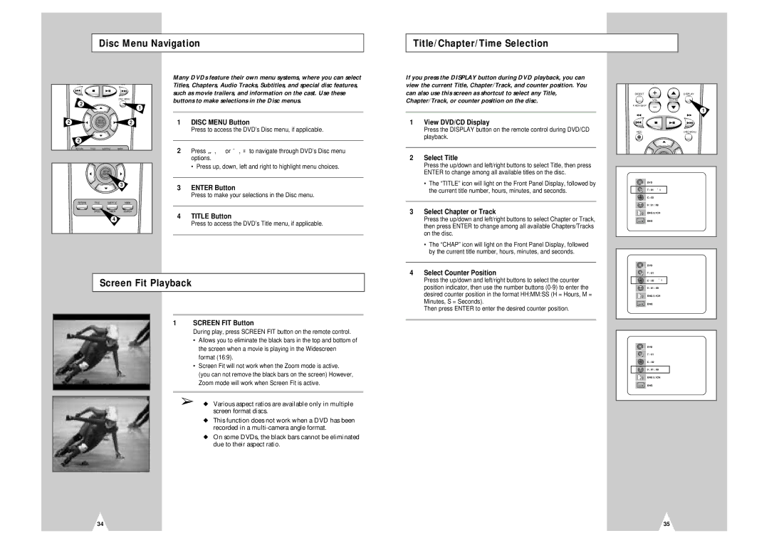 Samsung DVD-V2000 instruction manual Disc Menu Navigation Title/Chapter/Time Selection, Screen Fit Playback 