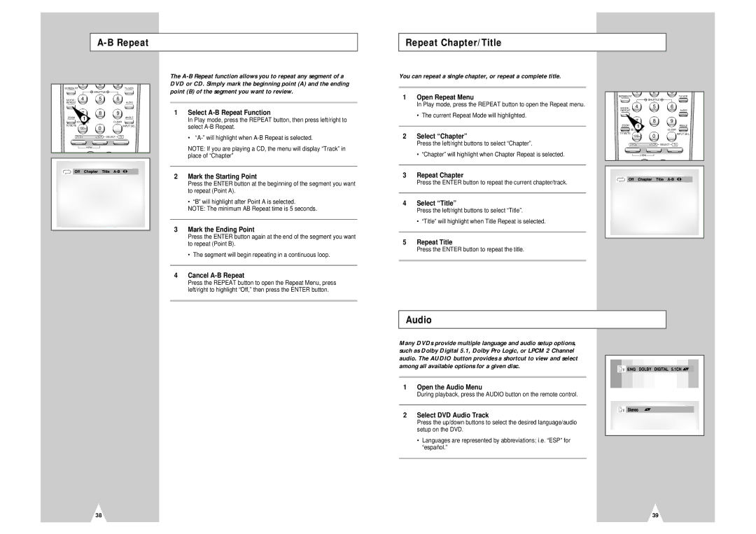 Samsung DVD-V2000 Repeat Repeat Chapter/Title, Audio, You can repeat a single chapter, or repeat a complete title 