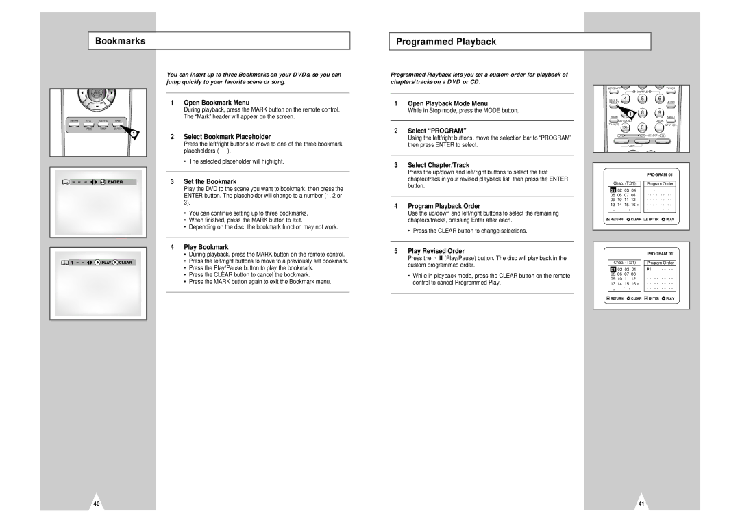 Samsung DVD-V2000 instruction manual Bookmarks Programmed Playback 