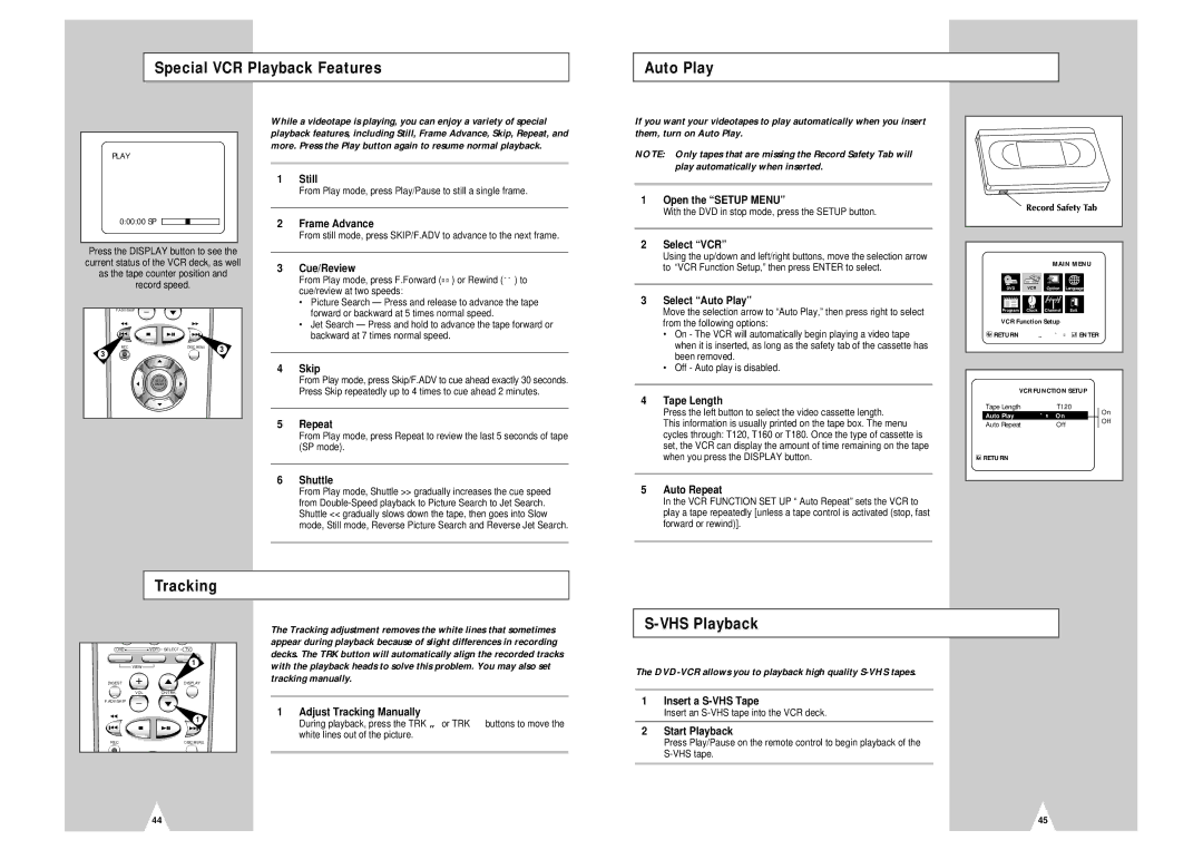 Samsung DVD-V2000 instruction manual Special VCR Playback Features Auto Play, Tracking, VHS Playback 
