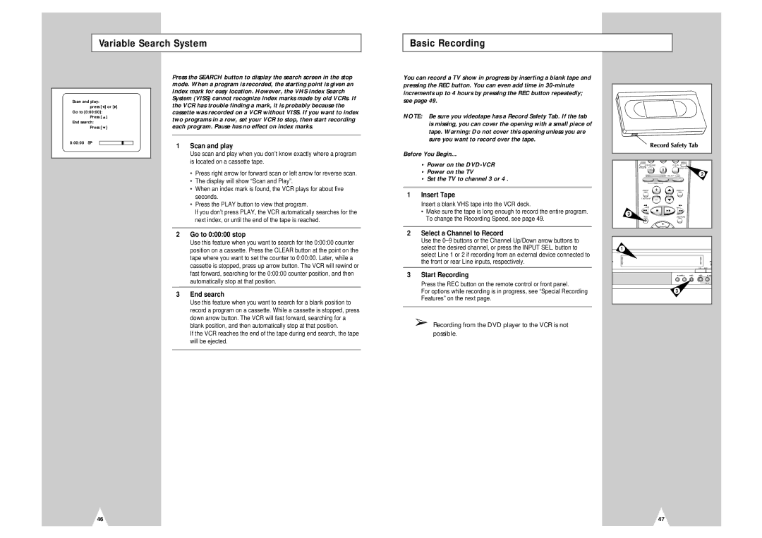 Samsung DVD-V2000 instruction manual Variable Search System Basic Recording, Power on the TV, Set the TV to channel 3 or 