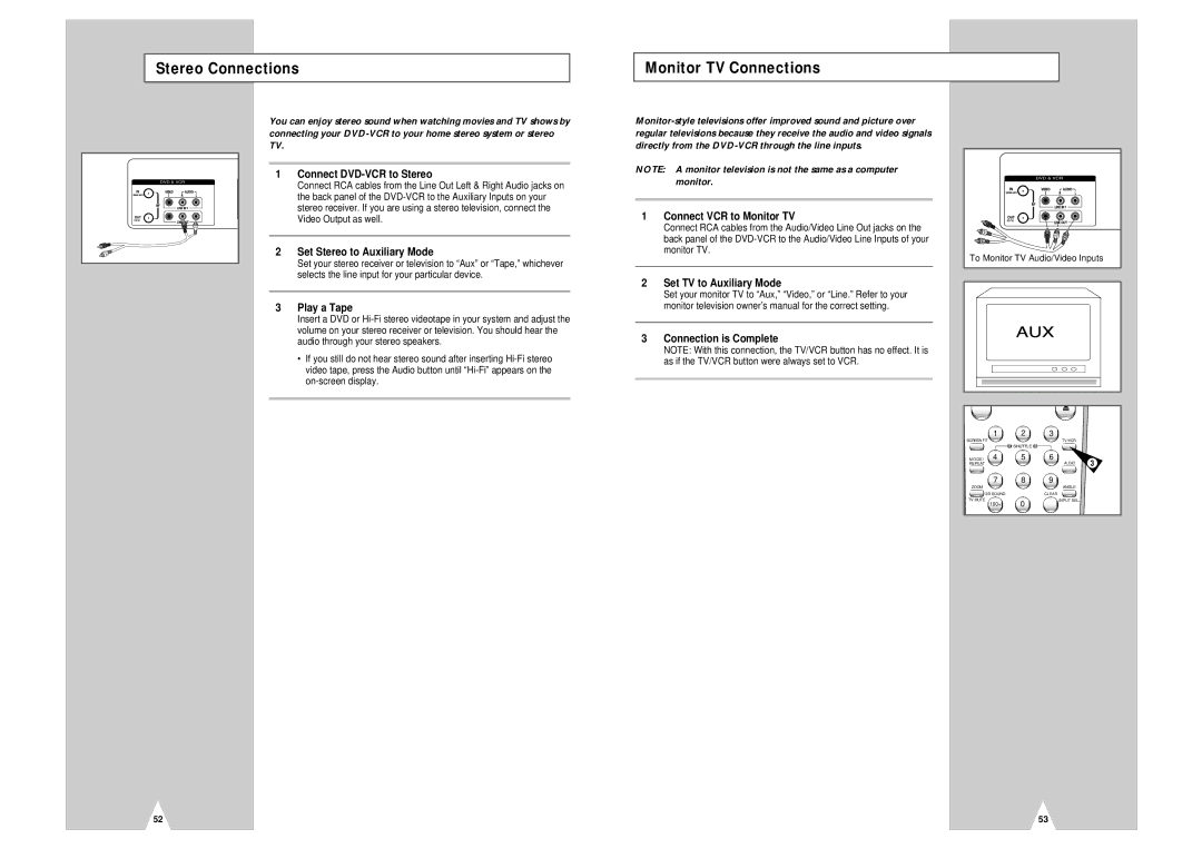 Samsung DVD-V2000 instruction manual Stereo Connections Monitor TV Connections 