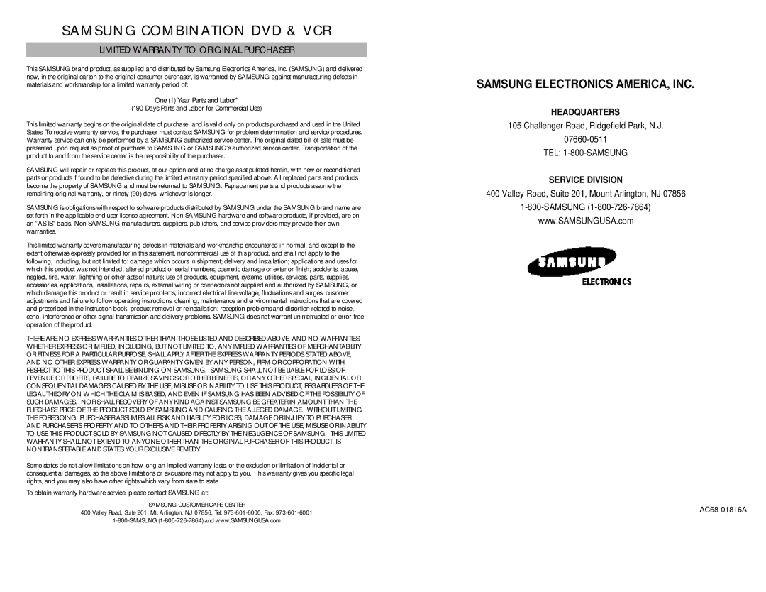 Samsung DVD-V2000 instruction manual Samsung Combination DVD & VCR 