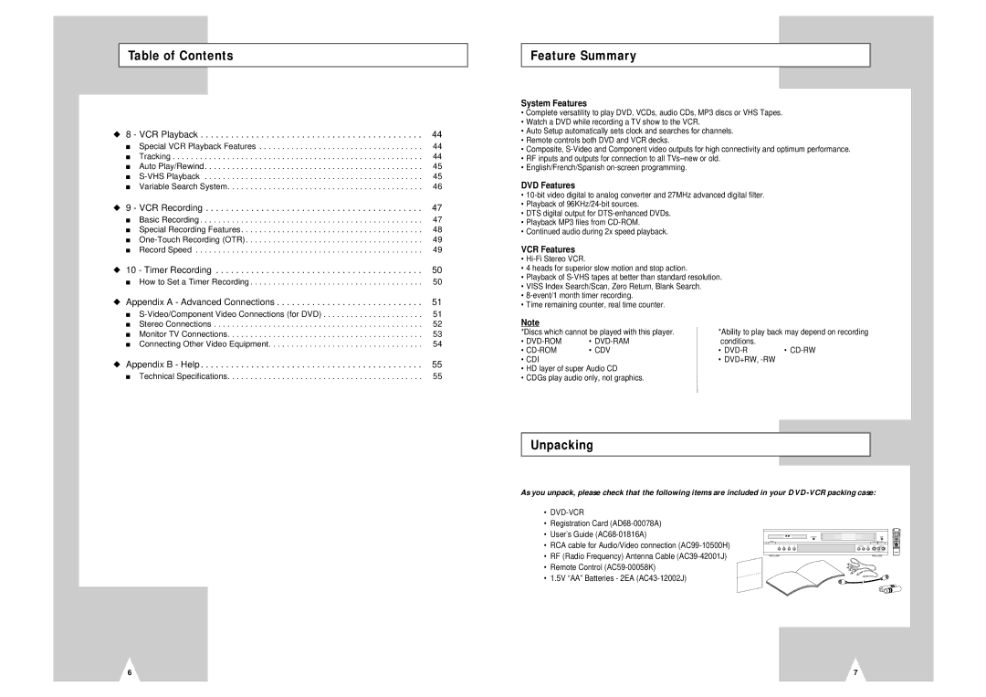 Samsung DVD-V2000 instruction manual Feature Summary, Unpacking, System Features, DVD Features, VCR Features 