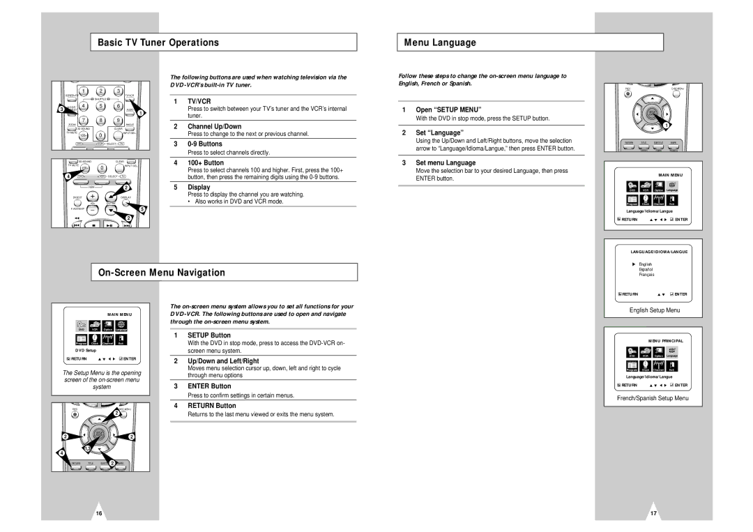 Samsung DVD-V2000 instruction manual Basic TV Tuner Operations Menu Language, On-Screen Menu Navigation 