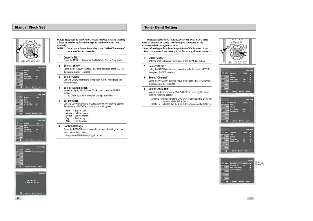 Samsung DVD-V3300 instruction manual Manual Clock Set Tuner Band Setting 