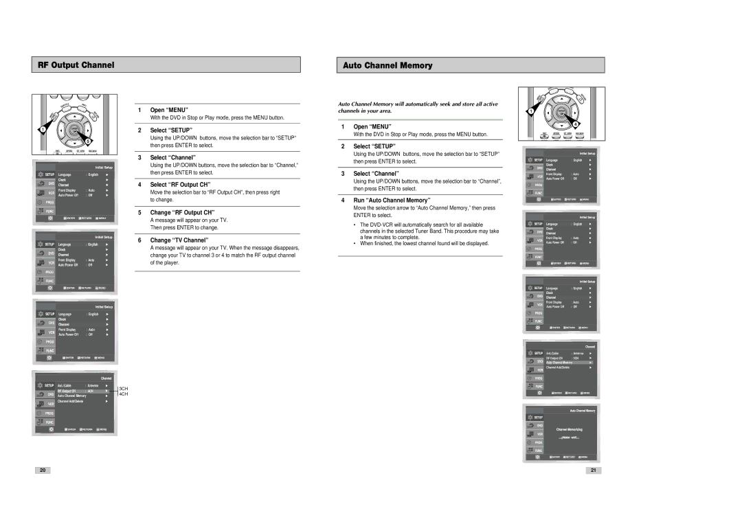 Samsung DVD-V3300 RF Output Channel Auto Channel Memory, Select RF Output CH, Change RF Output CH, Change TV Channel 