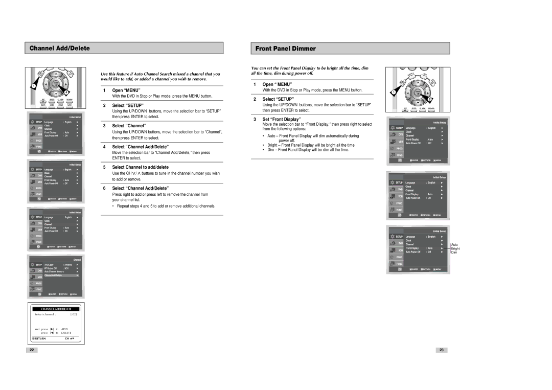 Samsung DVD-V3300 Channel Add/Delete Front Panel Dimmer, Select Channel Add/Delete, Select Channel to add/delete 