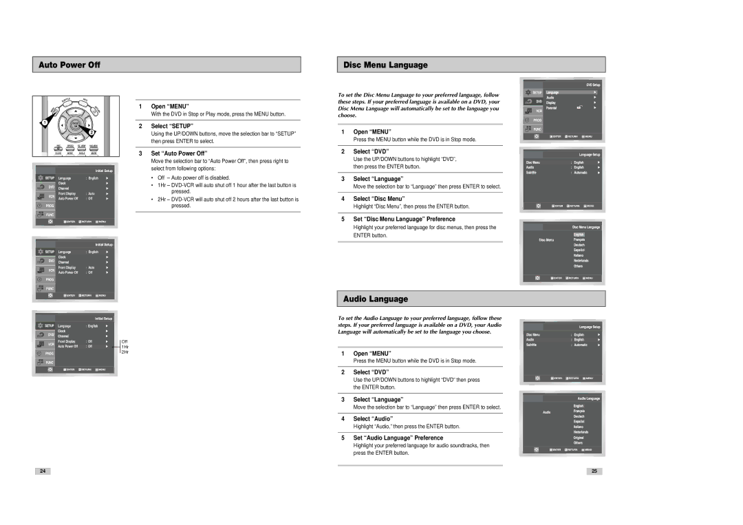 Samsung DVD-V3300 instruction manual Auto Power Off Disc Menu Language, Audio Language 