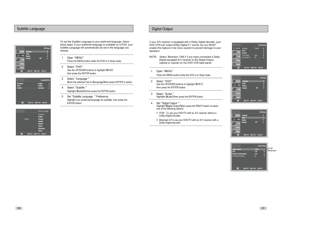 Samsung DVD-V3300 instruction manual Subtitle Language Digital Output 